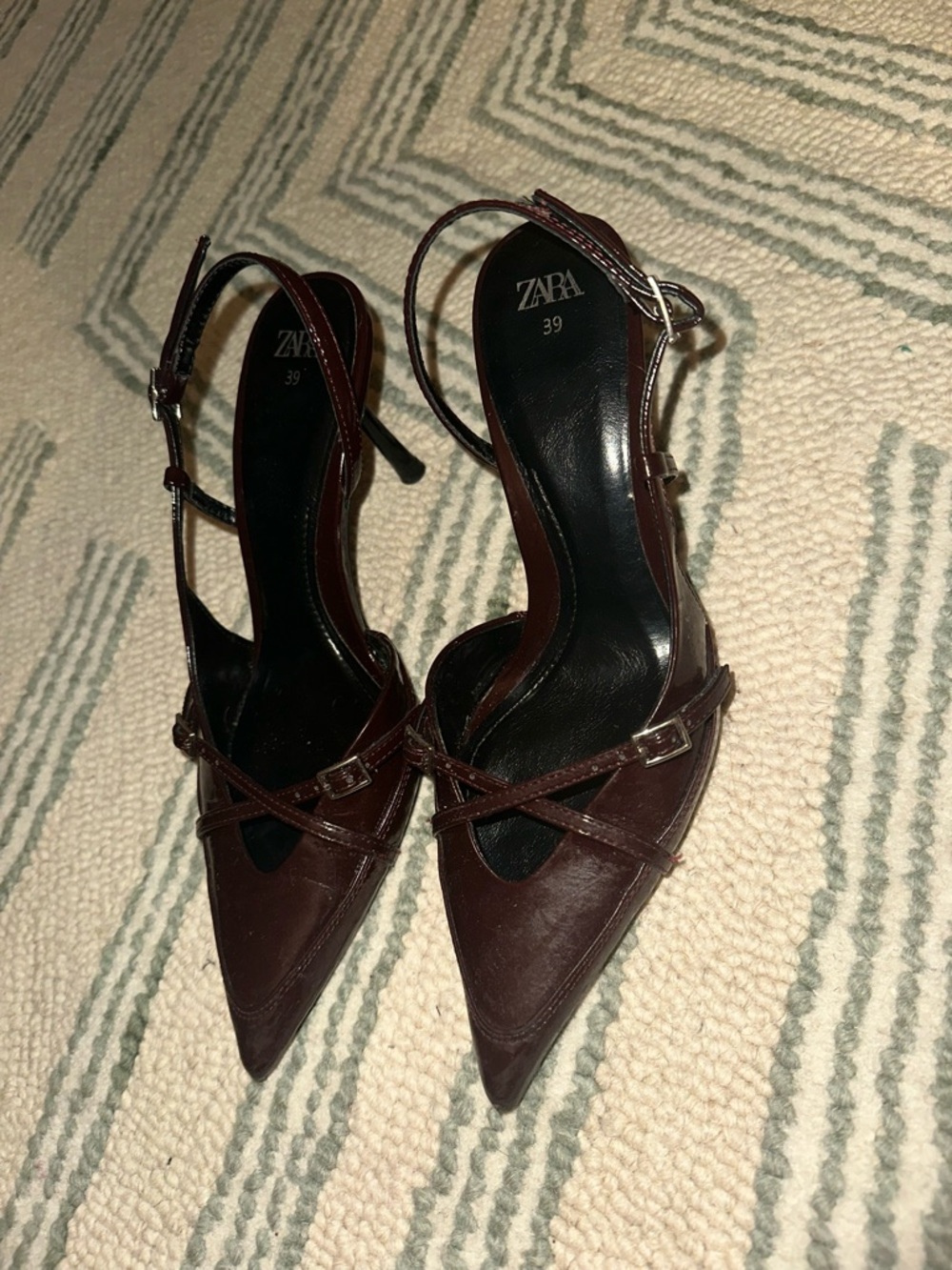 Zara Burgundy Pointed Slingback Heels with Crisscross Straps